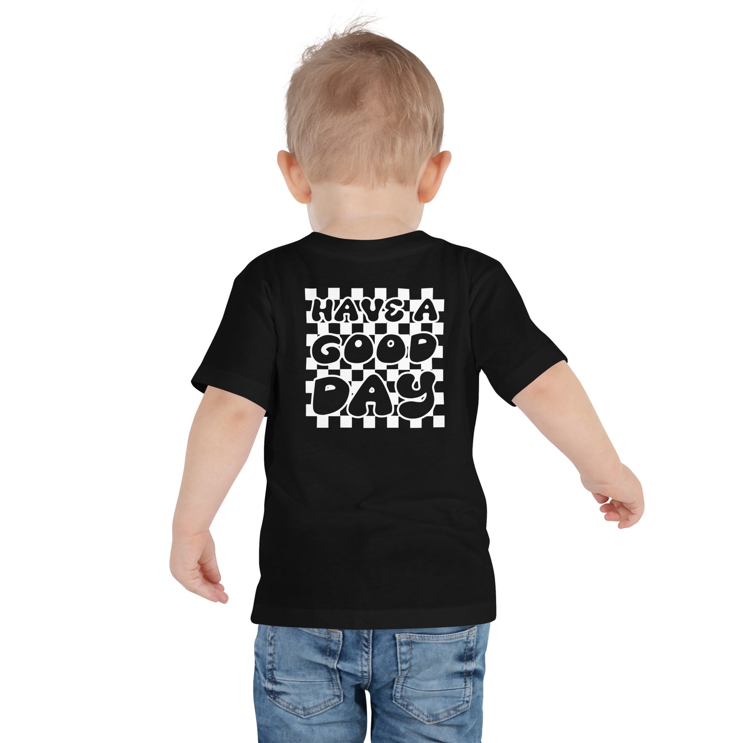 Boy's Toddler Smiley Face (X) Short Sleeve Tee, Have A Good Day on Back