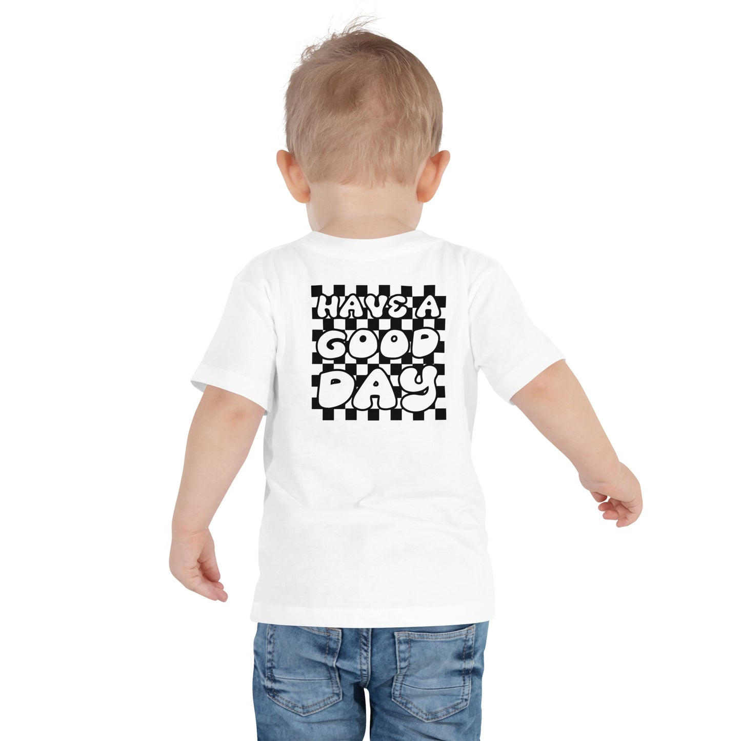Boys Toddler Smiley Face (X) Short Sleeve Tee, Have A Good Day on Back