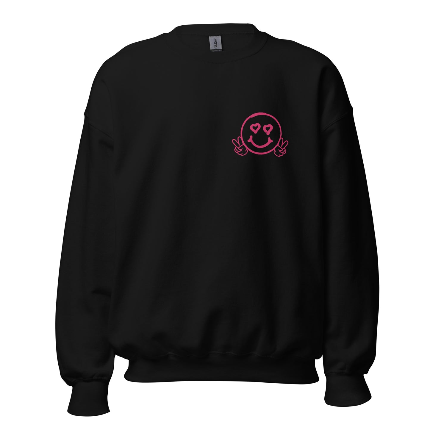 Smiley Face Black Sweatshirt, "I Love You More" on Back (Hot Pink Text, Yellow Flower)