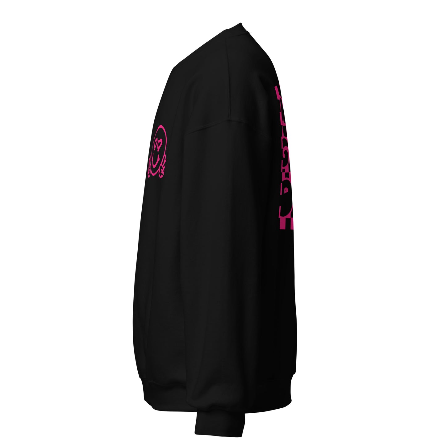 Women's Smiley Face Black Sweatshirt Hot Pink Text. "Have A Good Day" Back