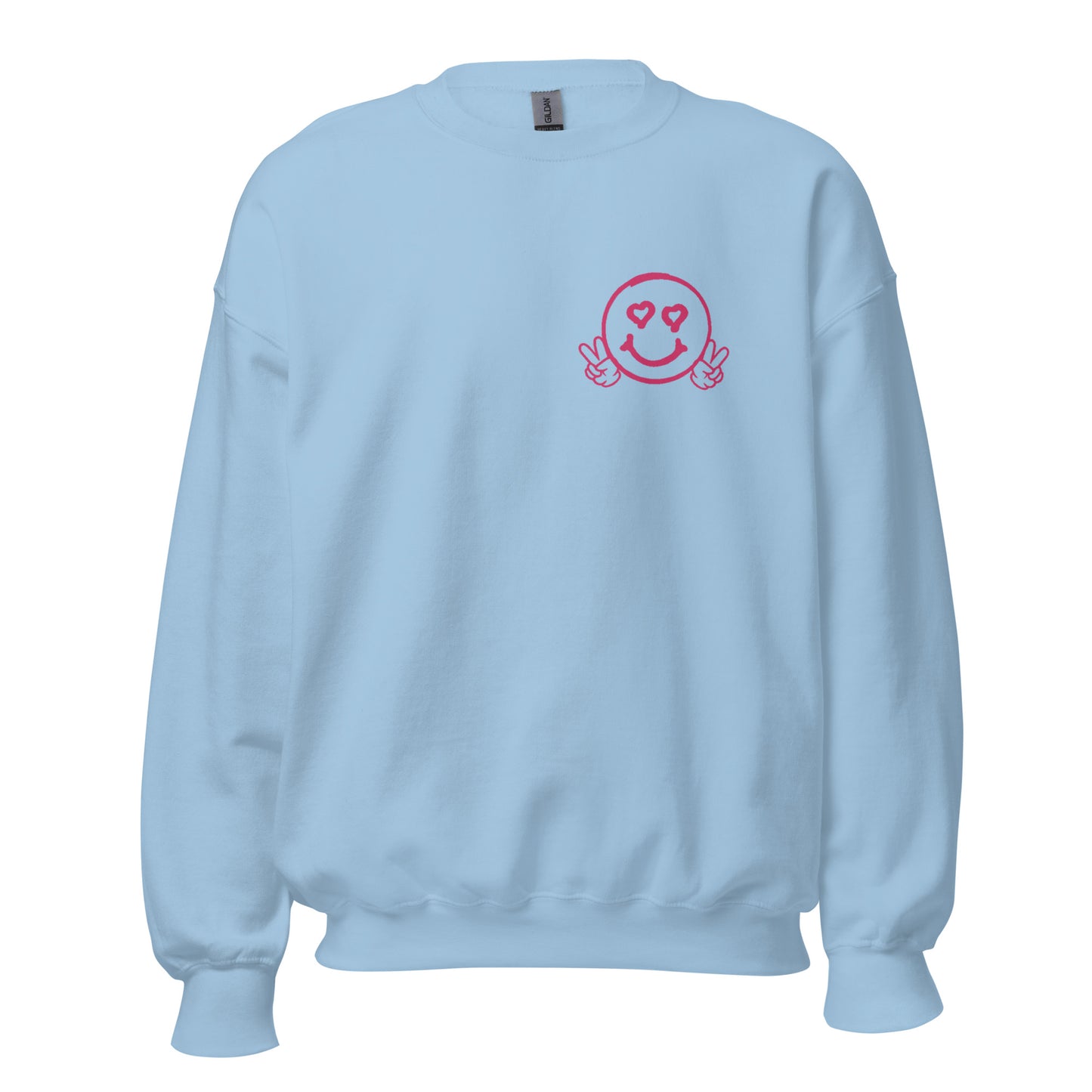 Unisex Smiley Face Light Blue Sweatshirt, "I Love You More" on Back