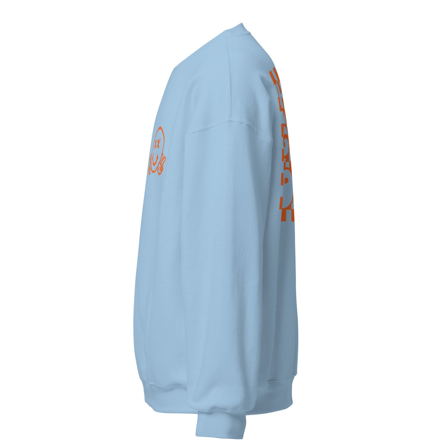 Men's Smiley Face (X) Light Blue Sweatshirt, Orange Text. "Have A Good Day" on Back