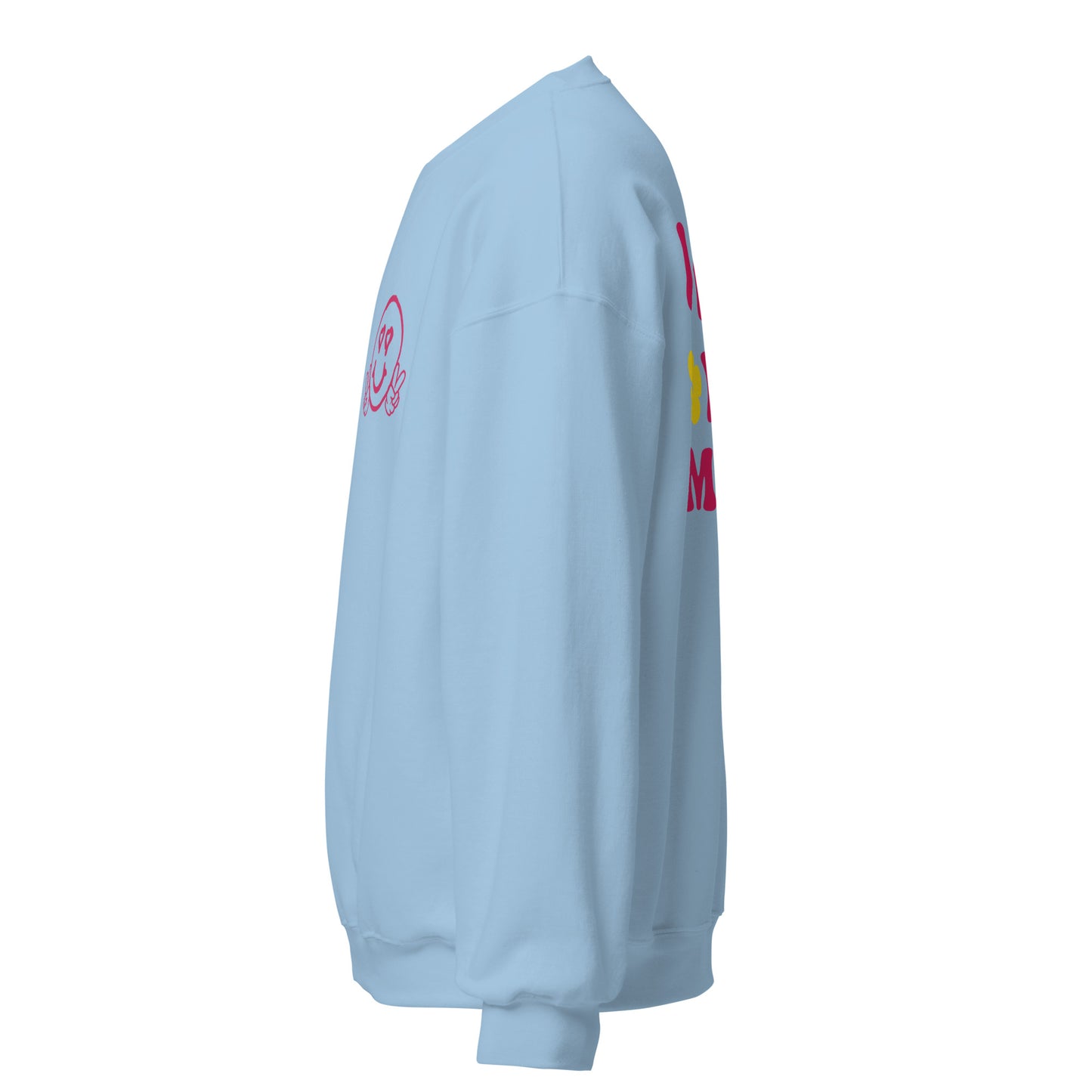 Unisex Smiley Face Light Blue Sweatshirt, "I Love You More" on Back