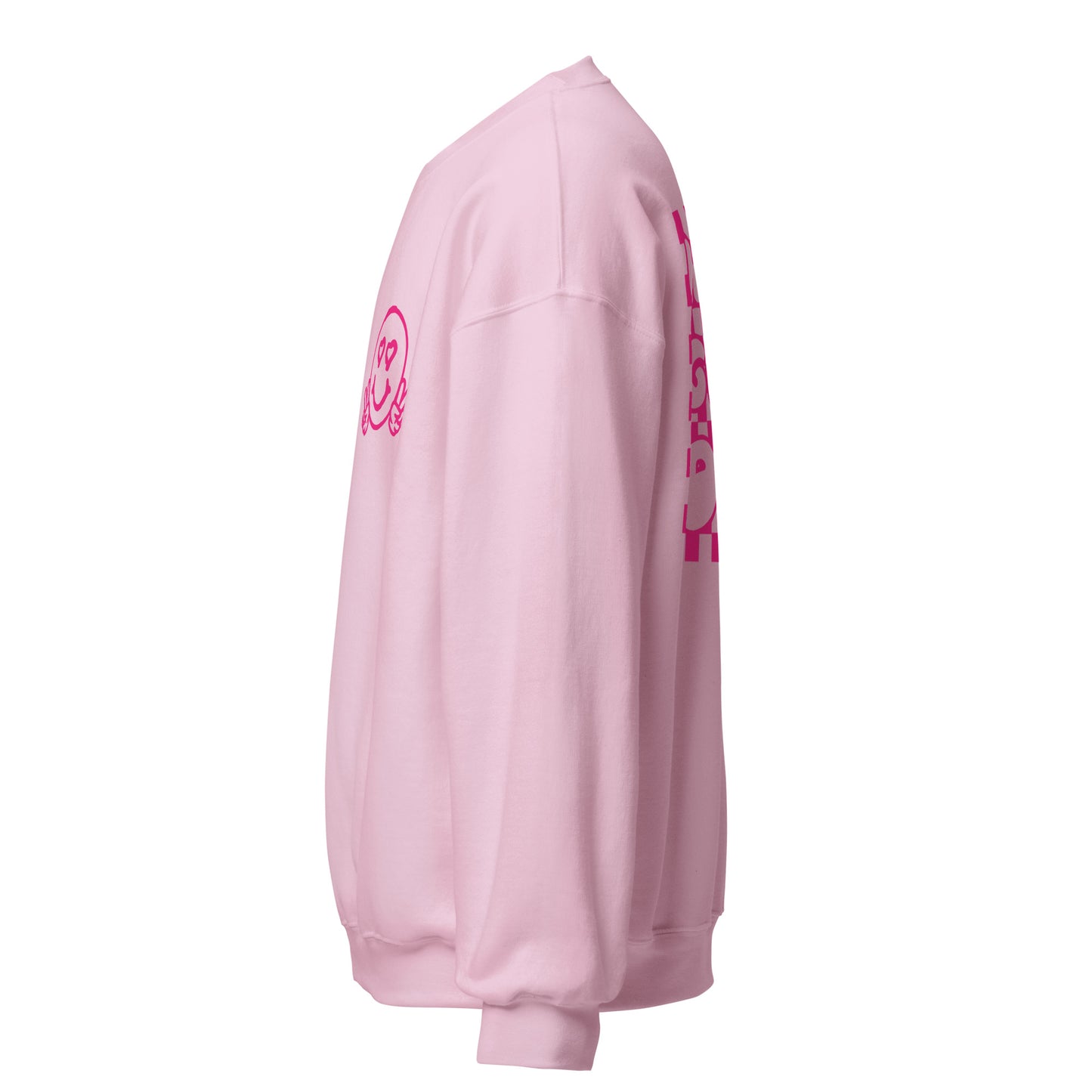 Women's Smiley Face Light Pink Sweatshirt, Hot Pink Text. "Have A Nice Day" on Back