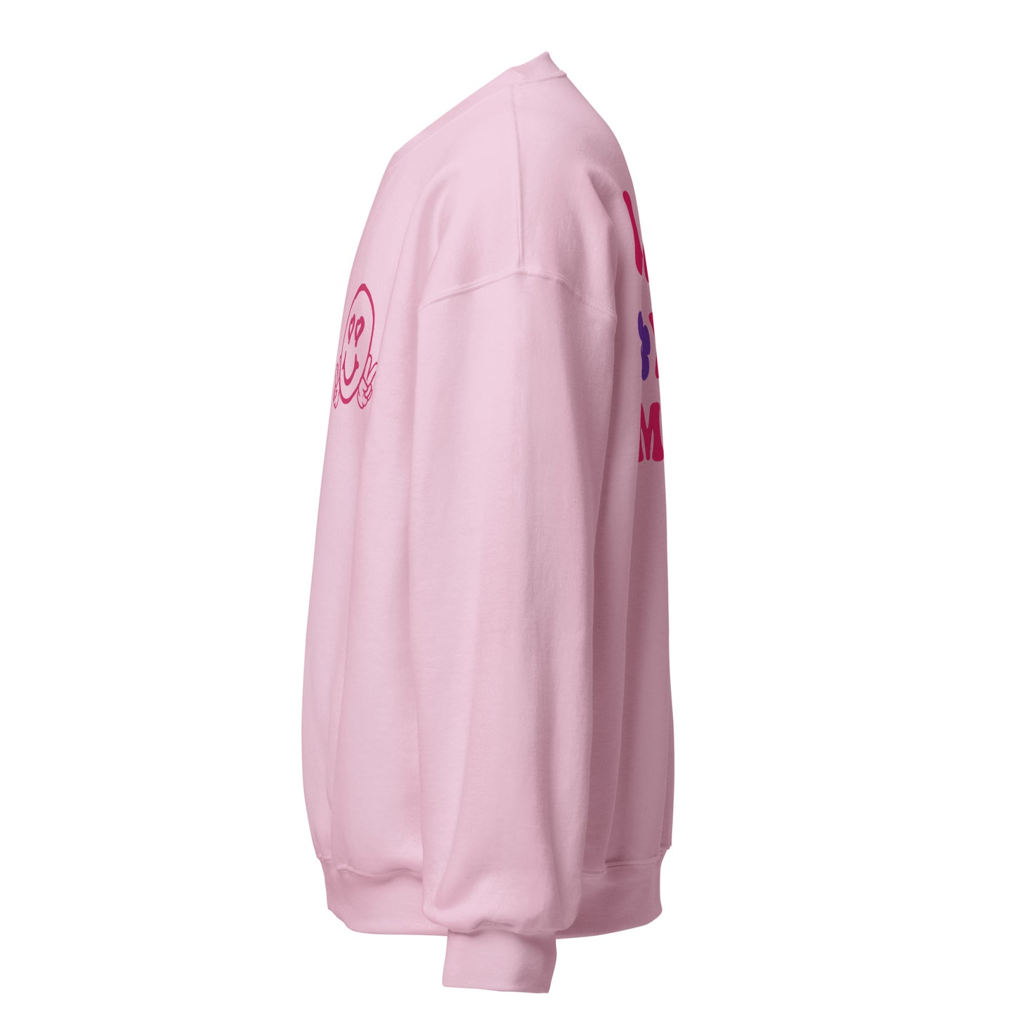 Unisex Smiley Face Light Pink Sweatshirt, "I Love You More" on back