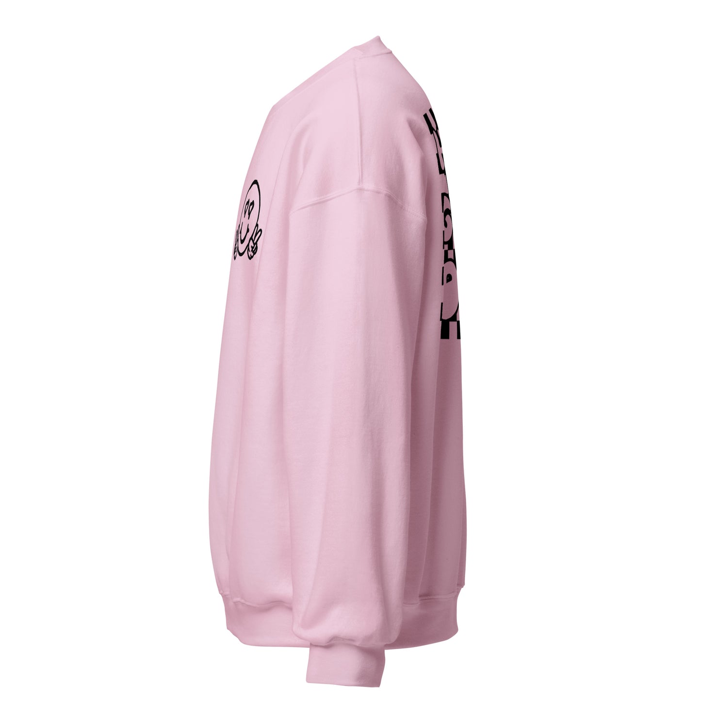 Women's Smiley Face Light Pink Sweatshirt, Have A Good Day on back in Black Text