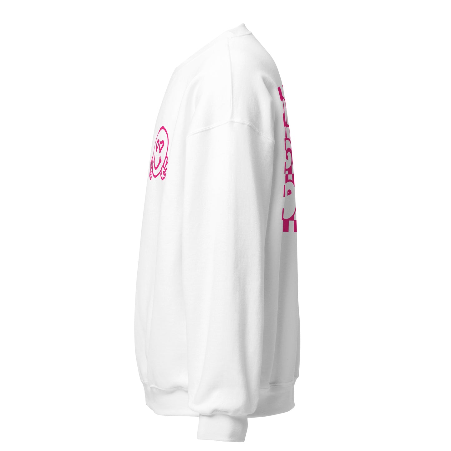 Women's Smiley Face White Sweatshirt, Hot Pink Text. "Have A Nice Day" on Back