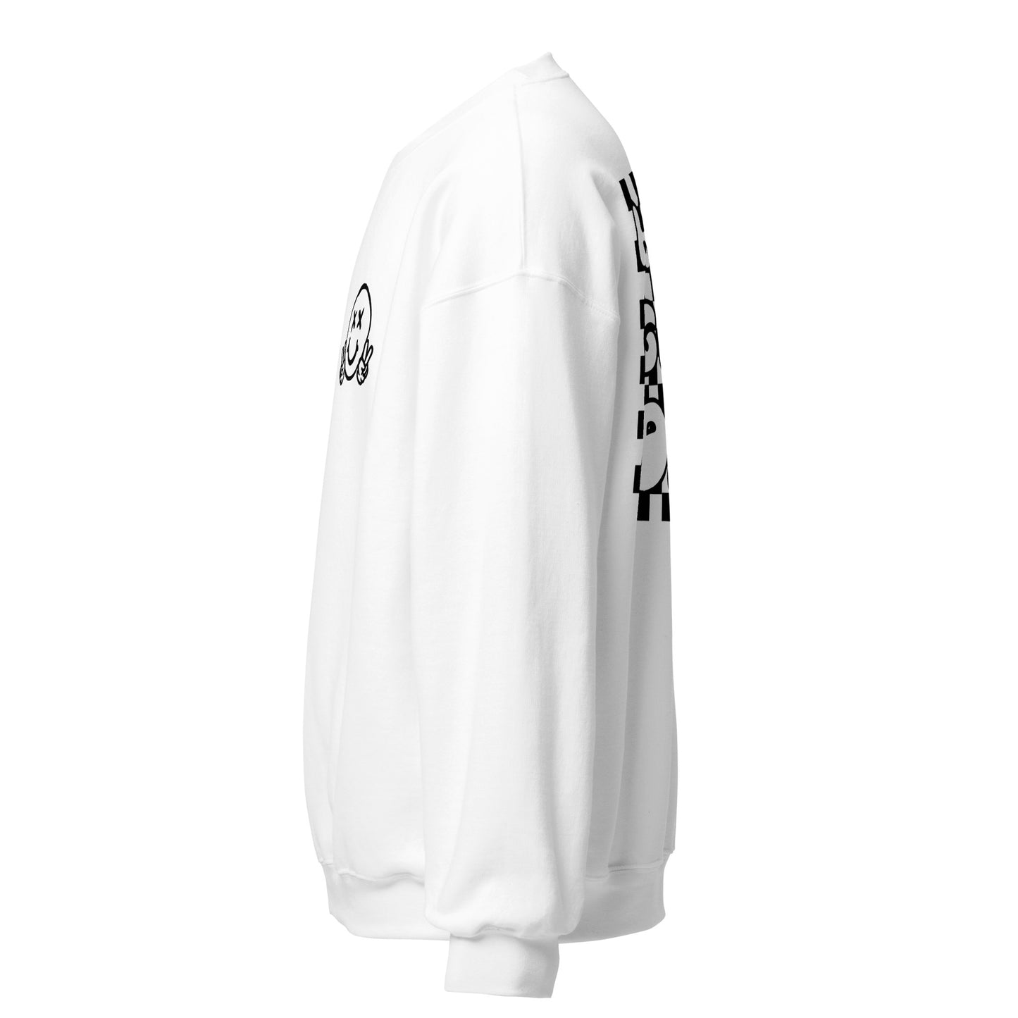 Men's Smiley Face (X) White Sweatshirt, Black Text. "Have A Good Day" on the Back