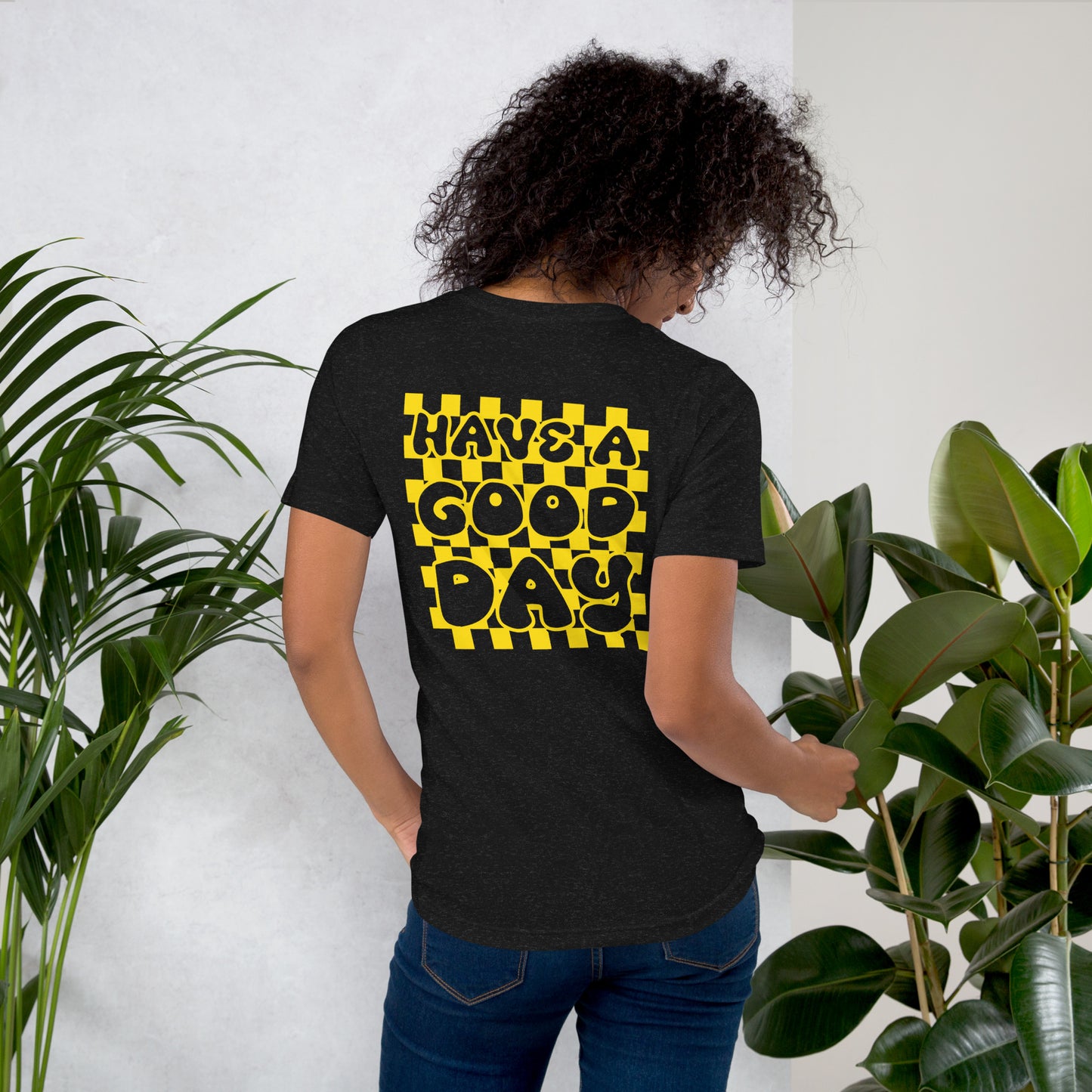 Women's Smiley Face / Happy Face T-Shirt. Hot Pink Text with "Have A Good Day" on Back