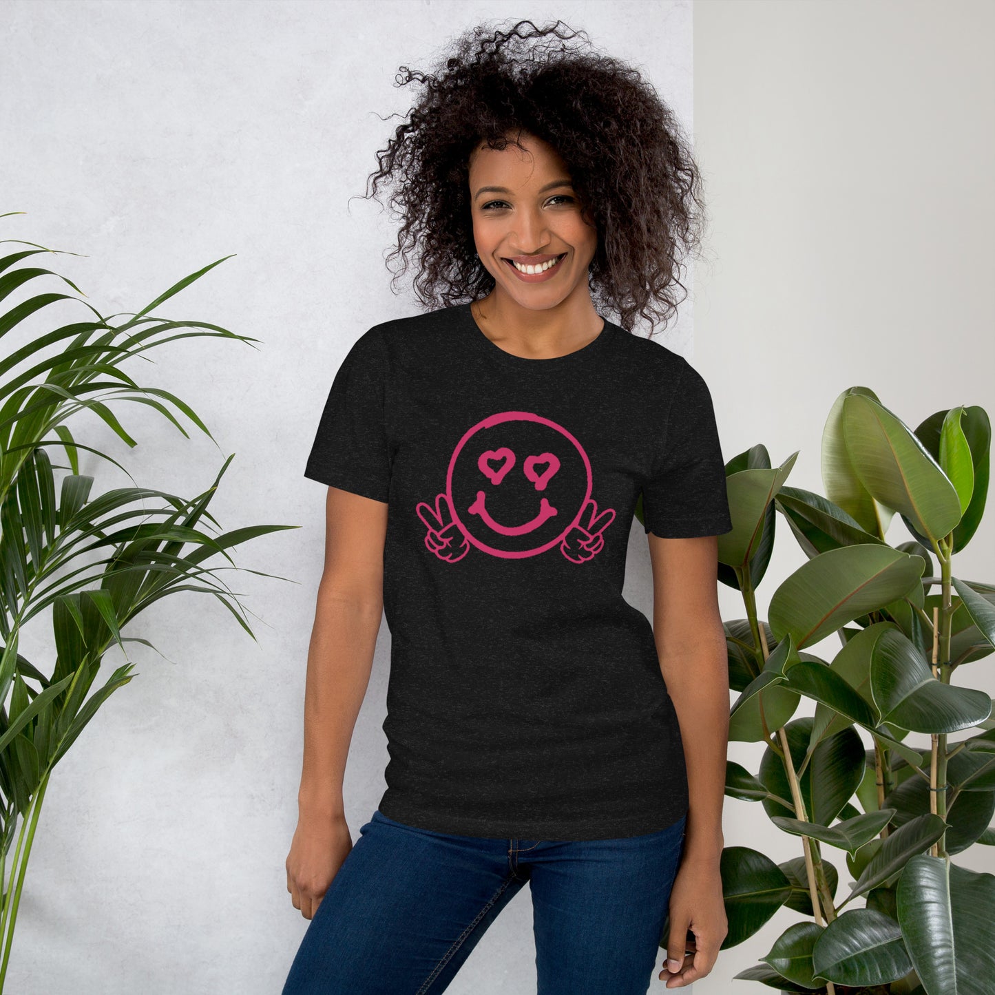 Women's Smiley Face / Happy Face T-Shirt. Hot Pink Text with "Have A Good Day" on Back