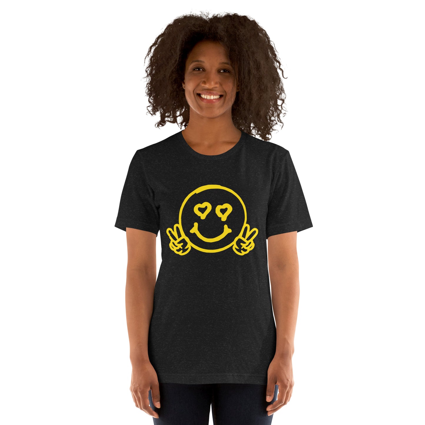 Women's Smiley Face / Happy Face T-Shirt. Yellow Text with "Have A Good Day" on Back