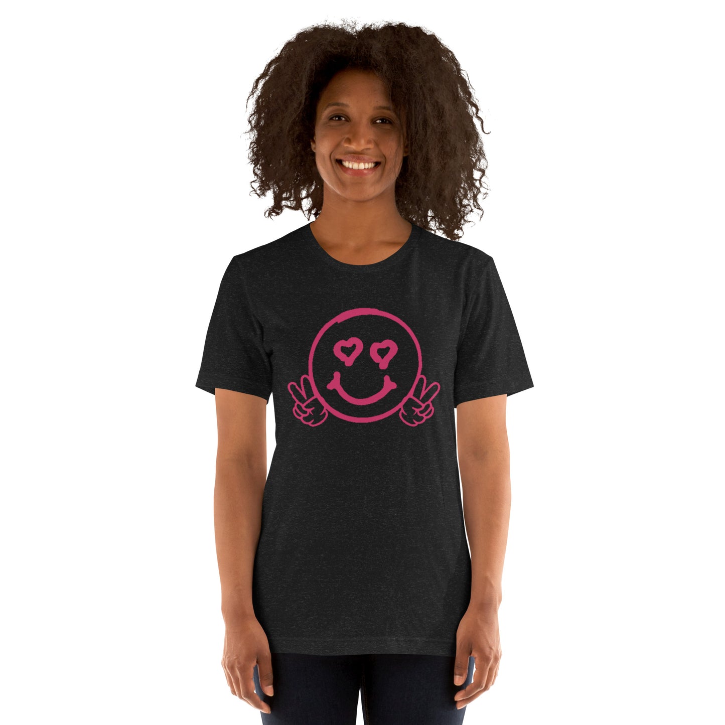 Women's Smiley Face Black T-Shirt, Hot Pink Text. "Have A Good Day" on Back