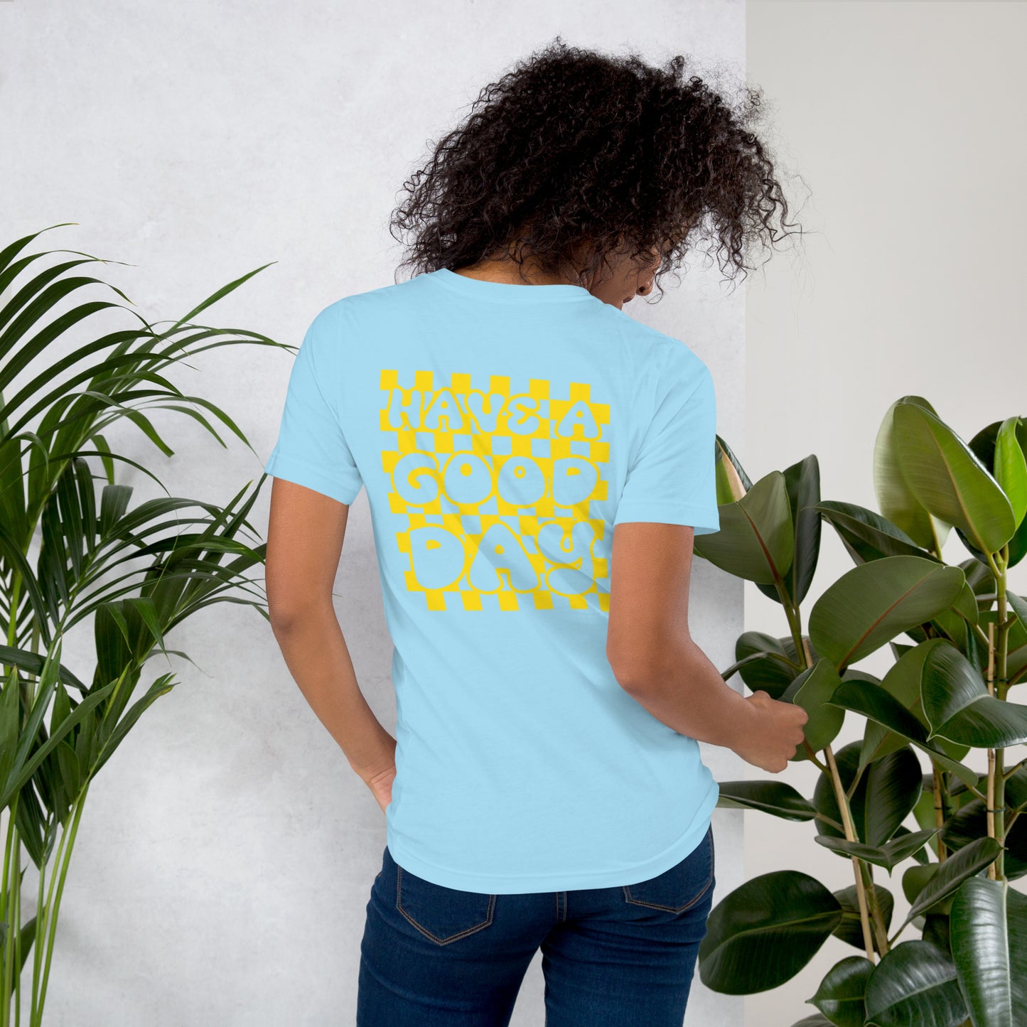 Women's Smiley Face Black T-Shirt, Yellow Text. "Have A Good Day" on Back