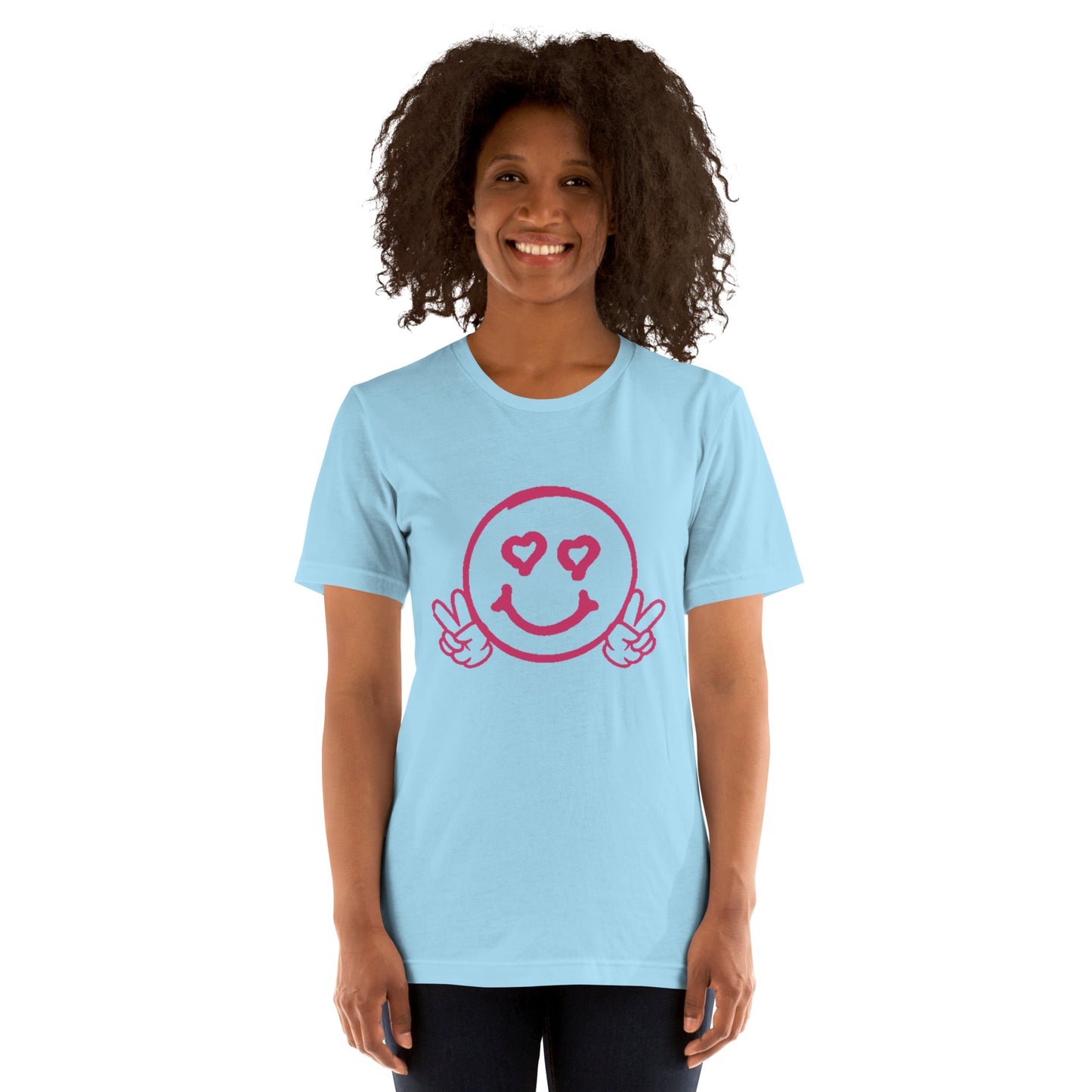 Women's Smiley Face / Happy Face T-Shirt. Hot Pink Text with "Have A Good Day" on Back