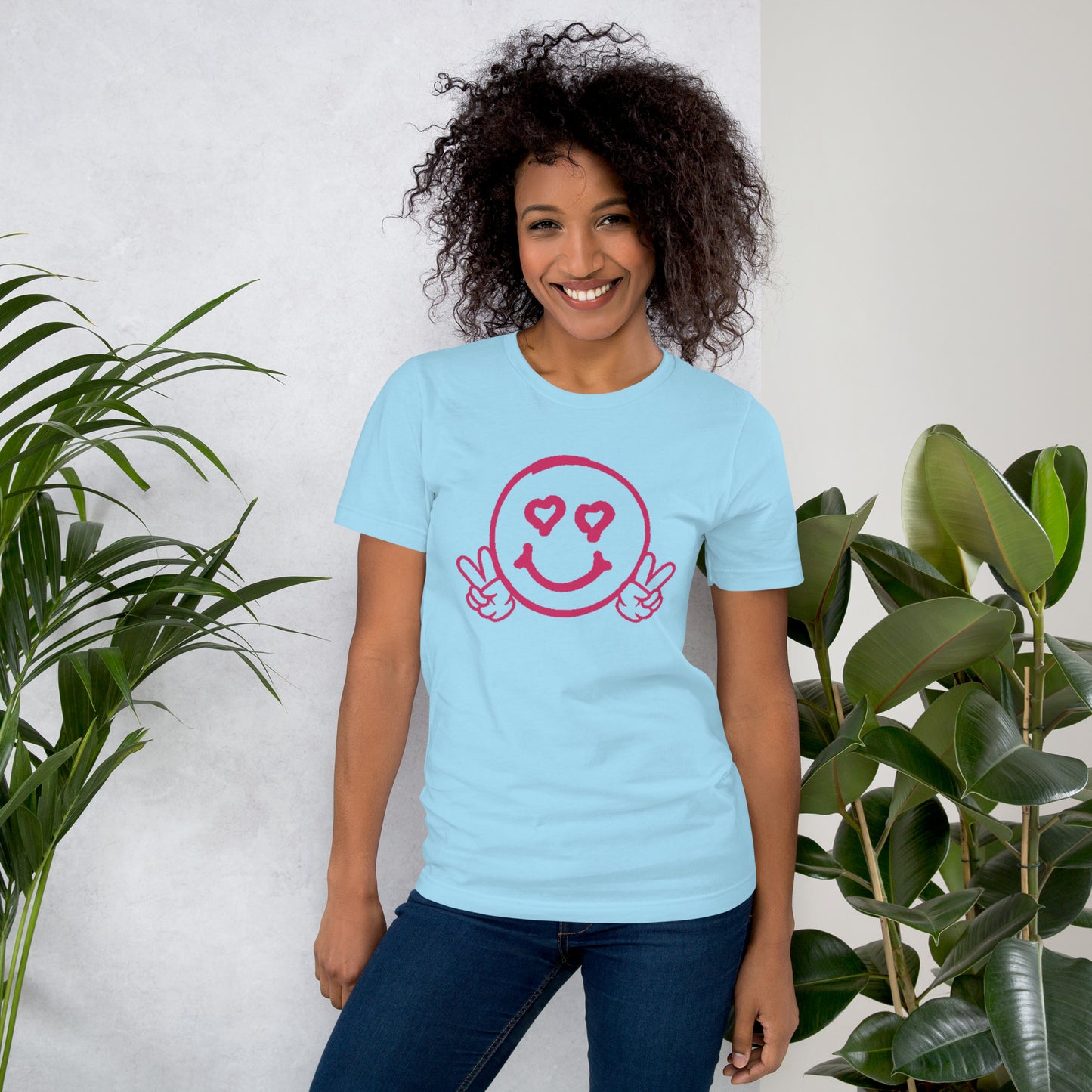 Unisex Smiley Face Light Blue t-shirt, I Love You More on Back
