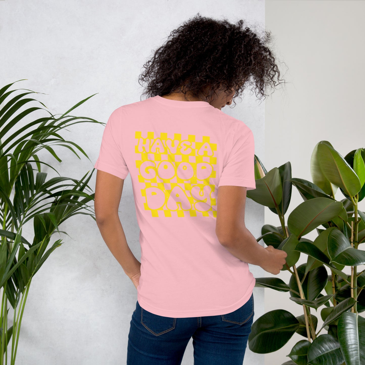 Women's Smiley Face / Happy Face T-Shirt. Hot Pink Text with "Have A Good Day" on Back