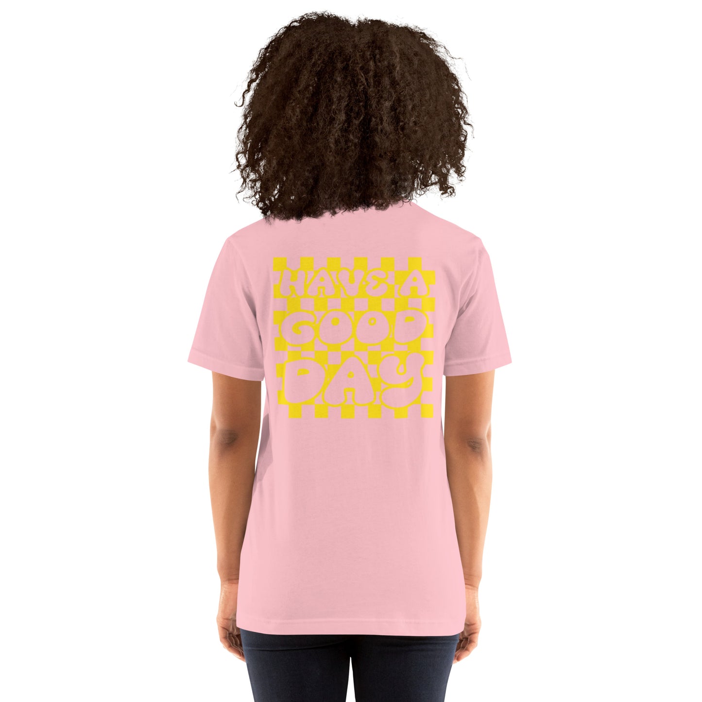 Women's Smiley Face Black T-Shirt, Yellow Text. "Have A Good Day" on Back