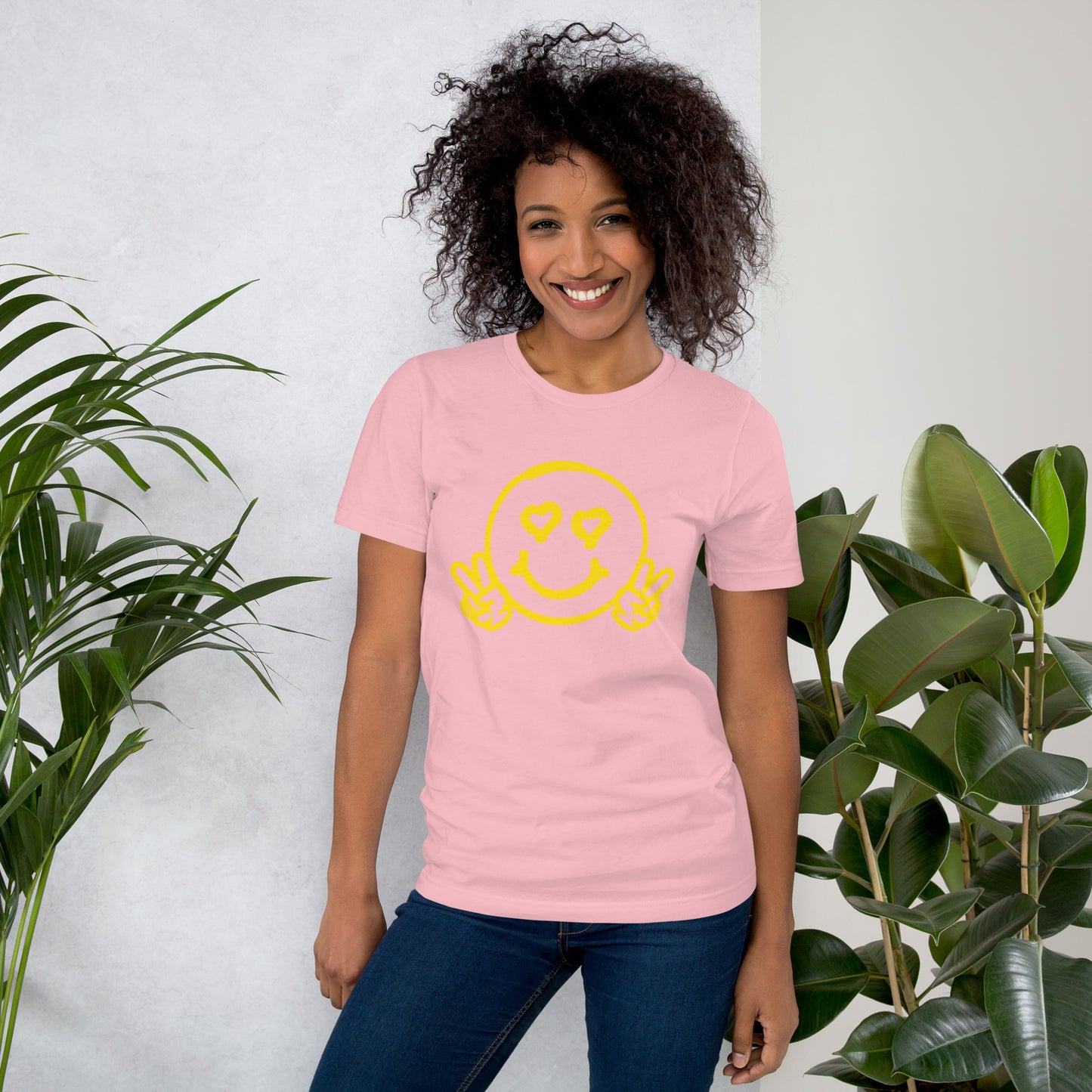 Women's Smiley Face / Happy Face T-Shirt. Hot Pink Text with "Have A Good Day" on Back