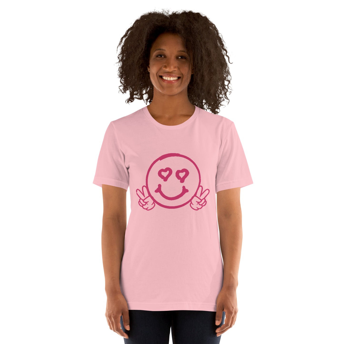Women's Smiley Face / Happy Face T-Shirt. Hot Pink Text with "Have A Good Day" on Back