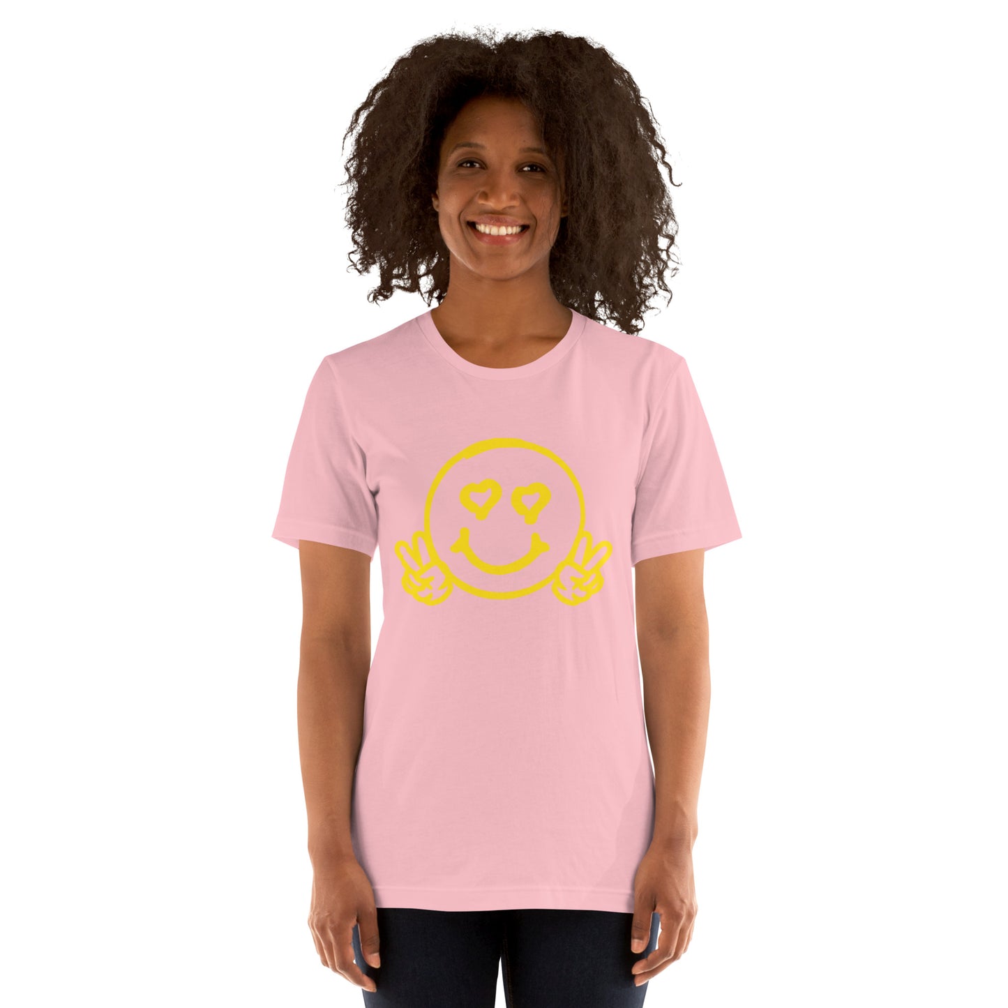 Women's Smiley Face Black T-Shirt, Yellow Text. "Have A Good Day" on Back