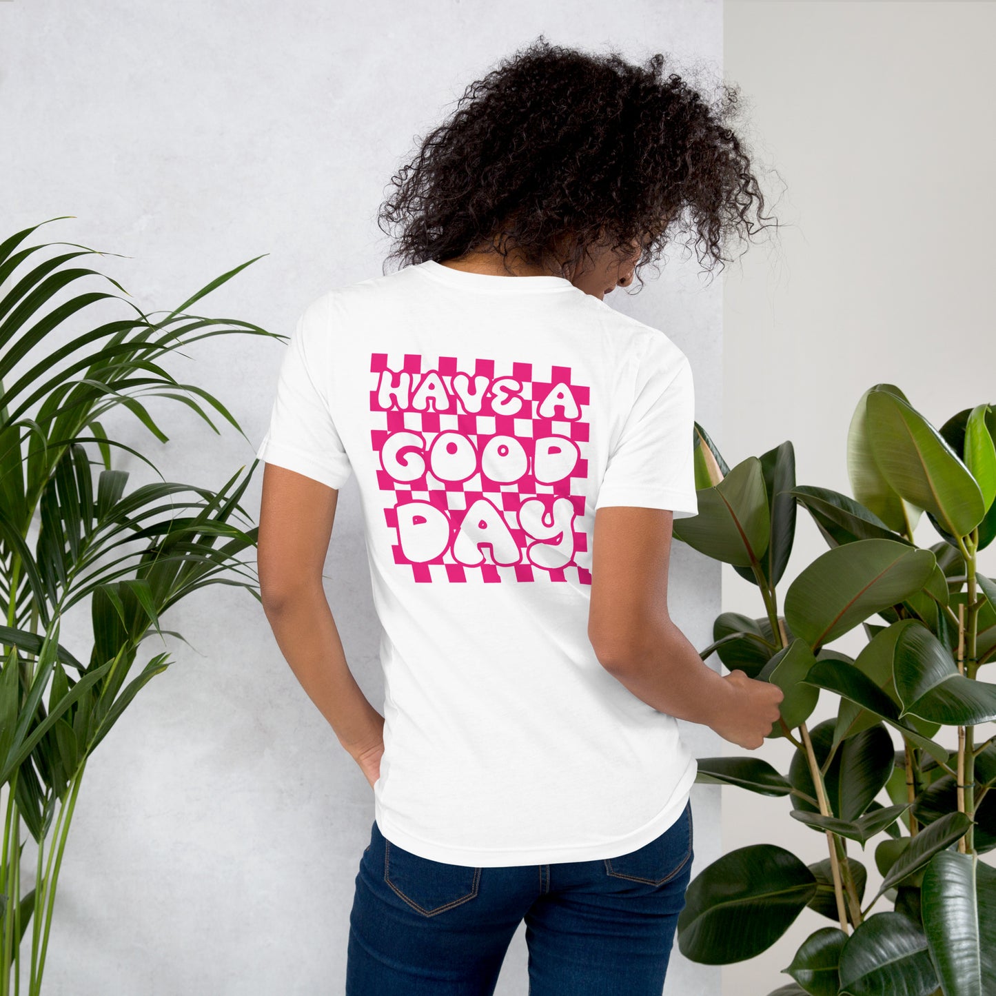 Women's Smiley Face / Happy Face T-Shirt. Hot Pink Text with "Have A Good Day" on Back