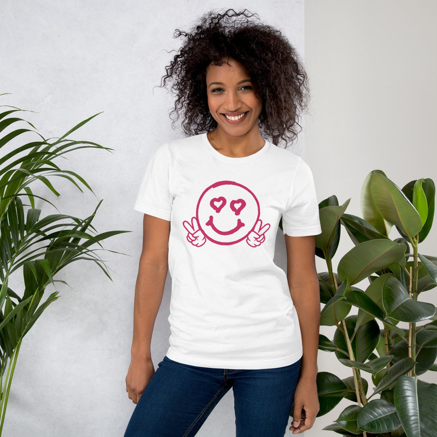 Women's Smiley Face / Happy Face T-Shirt. Hot Pink Text with "Have A Good Day" on Back