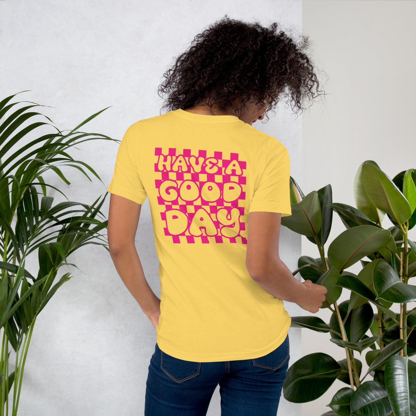 Women's Smiley Face / Happy Face T-Shirt. Hot Pink Text with "Have A Good Day" on Back