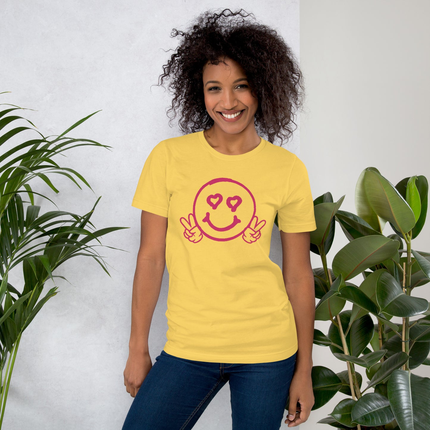 Women's Smiley Face / Happy Face T-Shirt. Hot Pink Text with "Have A Good Day" on Back