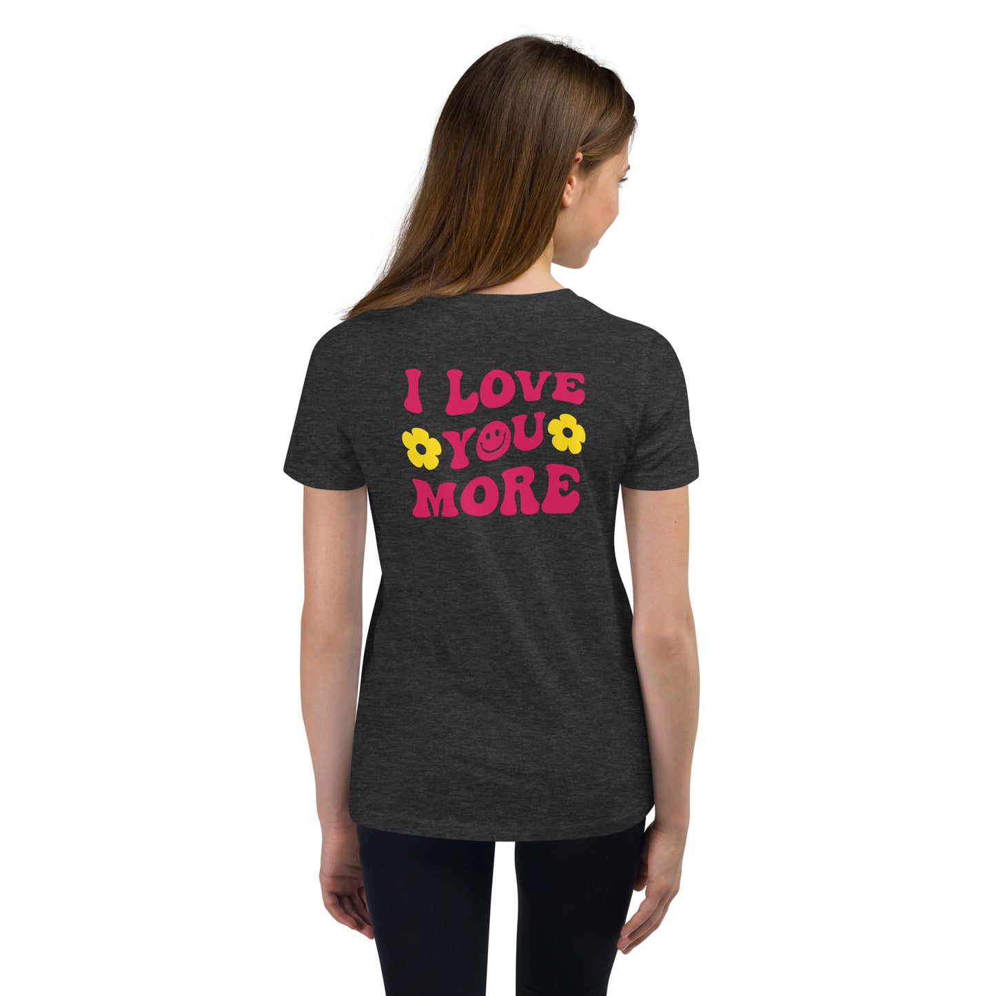 Youth Smiley Face Black Short Sleeve T-Shirt, I Love You More on Back