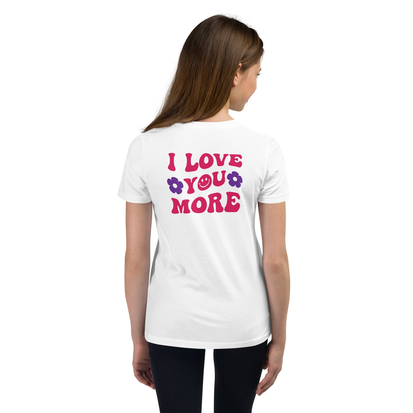 Youth Smiley Face Short Sleeve T-Shirt, I Love You More on Back