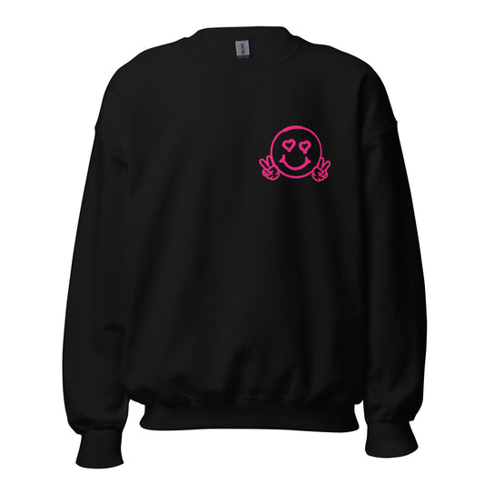 Women's Smiley Face Black Sweatshirt Hot Pink Text. "Have A Good Day" Back