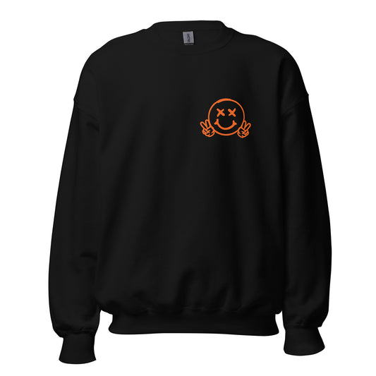 Men's Smiley Face (X) Black Sweatshirt, Orange Text. "Have A Good Day" on Back