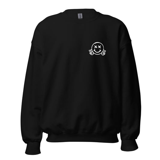 Men's Smiley Face (X) Black Sweatshirt White Text. With "Have A Good Day" on Back