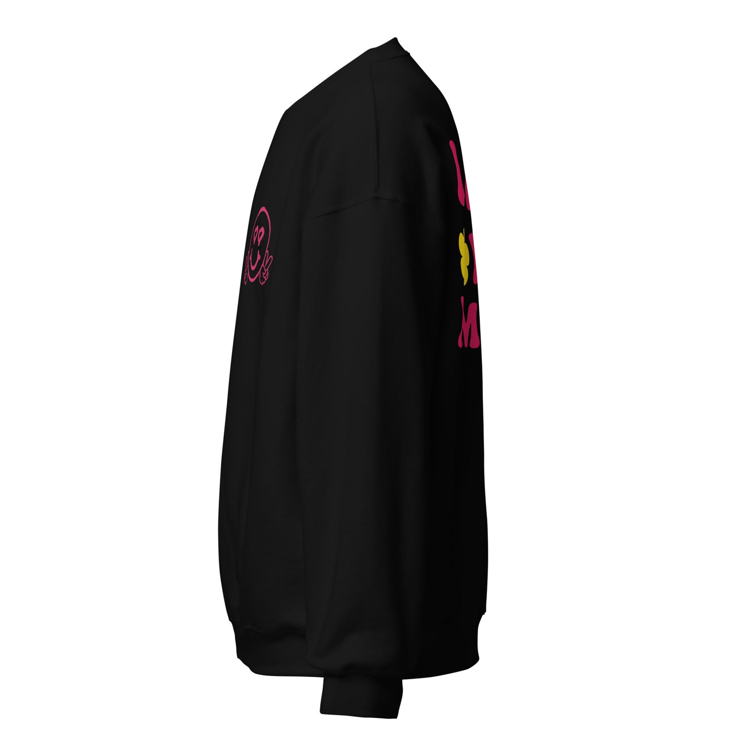 Smiley Face Black Sweatshirt, "I Love You More" on Back (Hot Pink Text, Yellow Flower)