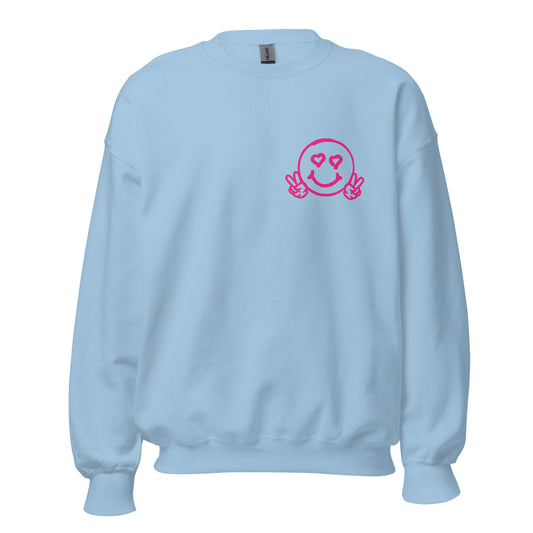Women's Smiley Face Light Blue Sweatshirt, Hot Pink Text. "Have A Good Day" on Back