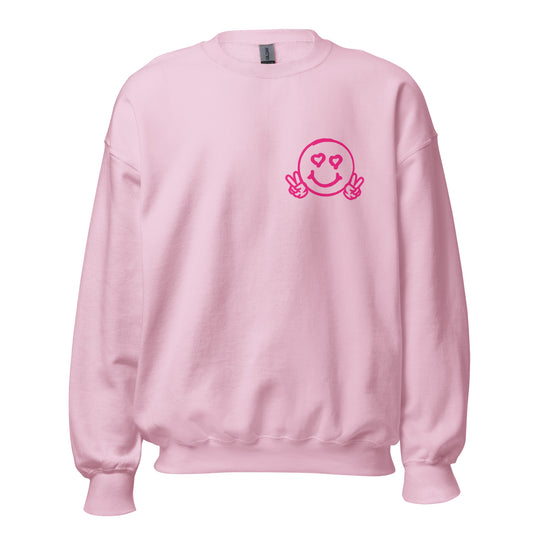 Women's Smiley Face Light Pink Sweatshirt, Hot Pink Text. "Have A Nice Day" on Back
