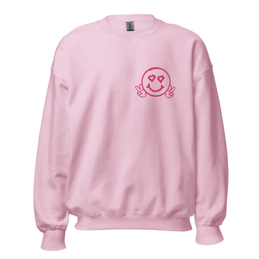Unisex Smiley Face Light Pink Sweatshirt, "I Love You More" on back
