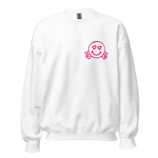Women's Smiley Face White Sweatshirt, Hot Pink Text. "Have A Nice Day" on Back