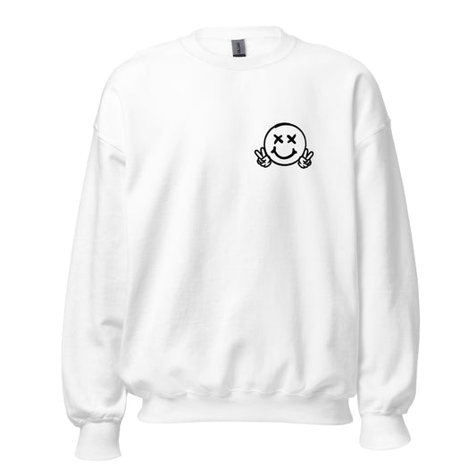 Men's Smiley Face (X) White Sweatshirt, Black Text. "Have A Good Day" on the Back