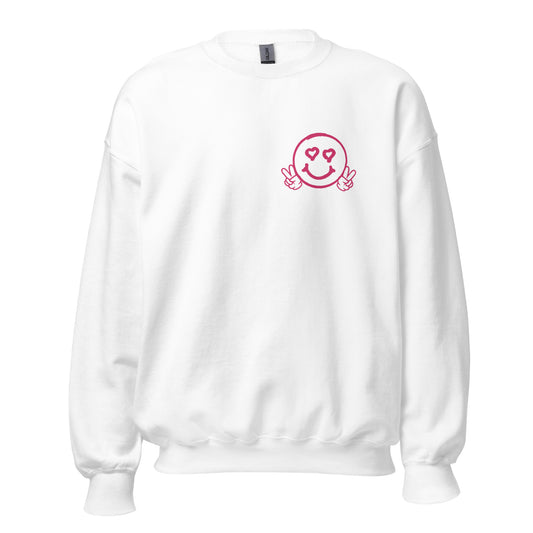 Unisex Smiley Face White Sweatshirt. "I Love You More" on back