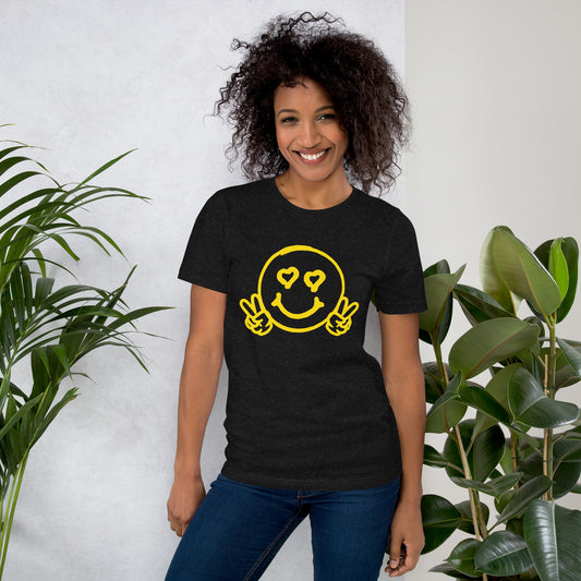 Women's Smiley Face Black T-Shirt, Yellow Text. "Have A Good Day" on Back