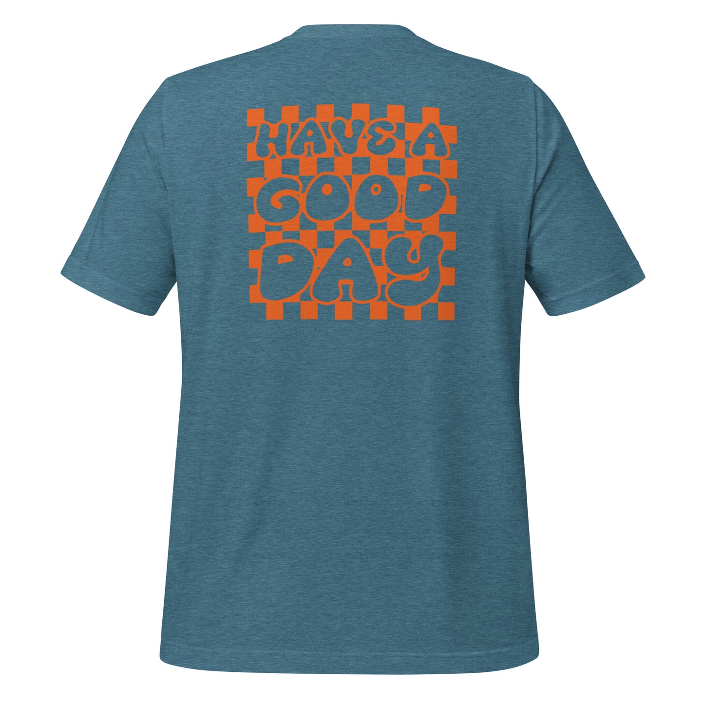 Men's Smiley Face (X) Orange Text t-shirt, "Have A Nice Day" on Back