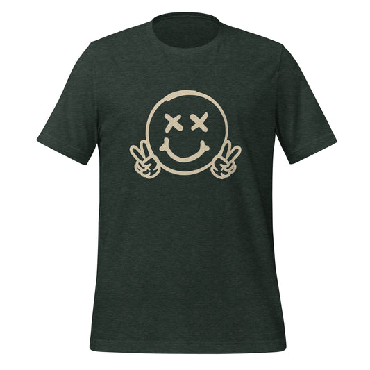Men's Smiley Face (X) Heather Green t-shirt with Cream Text. "Have A Good Day" on Back