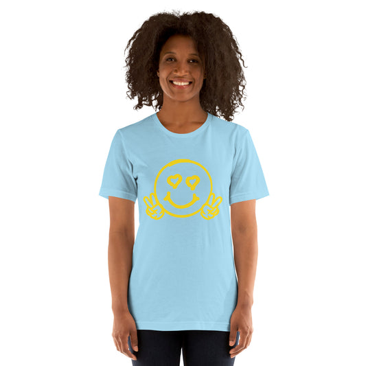 Women's Smiley Face / Happy Face T-Shirt. Yellow Text with "Have A Good Day" on Back