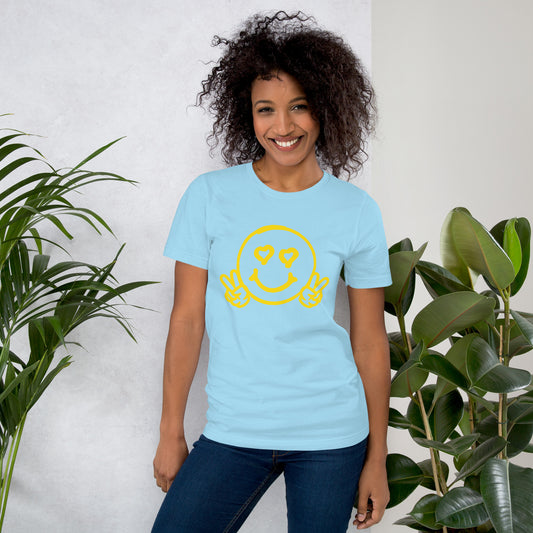 Women's Smiley Face Black T-Shirt, Yellow Text. "Have A Good Day" on Back