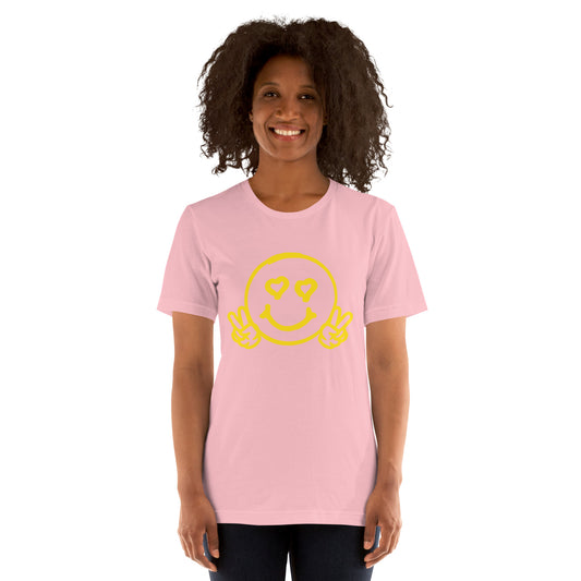 Women's Smiley Face Black T-Shirt, Yellow Text. "Have A Good Day" on Back