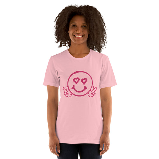 Women's Smiley Face Light Pink T-Shirt, Hot Pin Text. "Have A Good Day" on Back