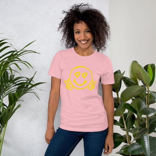 Women's Smiley Face / Happy Face Unisex T-Shirt. Yellow Text with "Have A Good Day" on Back