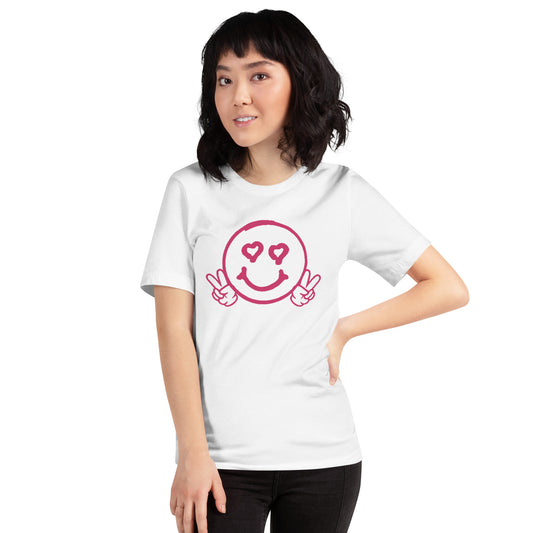 Women's Smiley Face / Happy Face T-Shirt. Hot Pink Text with "Have A Good Day" on Back