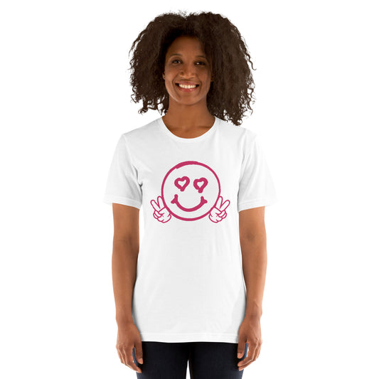 Women's Smiley Face White T-Shirt, Hot Pink Text. "Have A Good Day" on Back